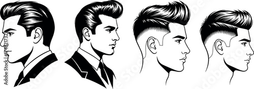 Men’s hairstyle evolution, classic to modern, side profile illustration, slicked-back hair, fade haircut, grooming trends, black and white vector, barbershop reference