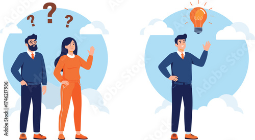 Problem solving illustration, confusion to clarity, idea generation, light bulb moment, teamwork concept, question mark, insight vector, business thinking, creative solution