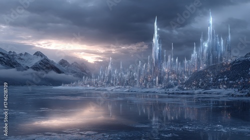 Surreal ice towers and crystalline structures frozen cityscape fantasy landscape ethereal environment aerial view dreamlike concept