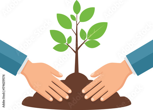 Two hands carefully planting a small green sapling in rich brown soil, symbolizing growth and environmental care.