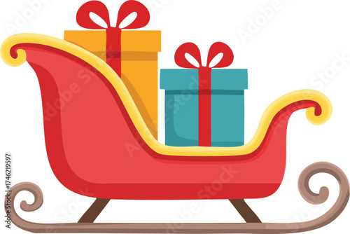 A festive red and yellow sleigh filled with two wrapped Christmas presents, one yellow and one blue, tied with red ribbons.