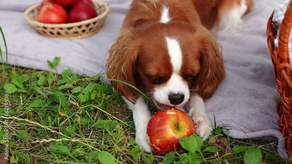 Image result for Dog devours apple while lying on blanket in grass during picnic. Cute ...