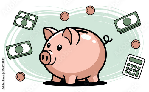 Cute piggy bank with money and calculator financial saving concept art