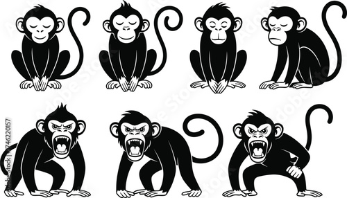 Cartoon monkey silhouettes with expressive faces and postures, vector set for emotion design, character art, behavior study, and animation themes