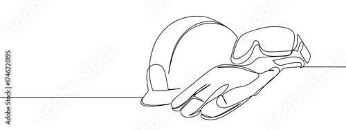 Continuous one line of engineer hat, gloves and safety glasses. Hand drawn vector doodle art line. Editable stroke.