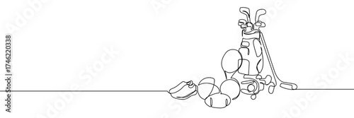 Continuous line of sports equipment, golf bag, tandem bike, basketball, sports shoes. Hand drawn vector doodle line art. Editable stroke.
