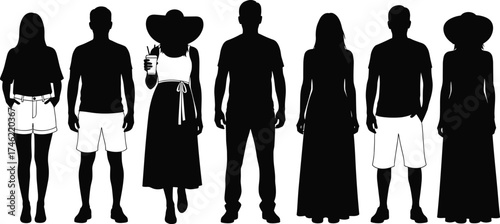 Casual summer outfit silhouettes with diverse postures and accessories, fashion vector for lifestyle, youth culture, clothing design, and character art