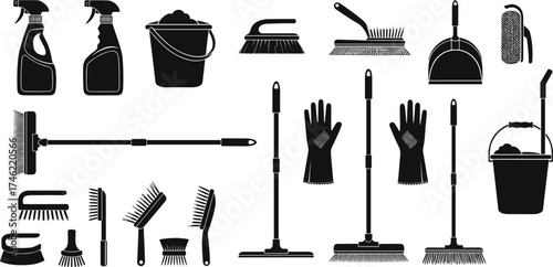 Cleaning tools silhouette vector set with spray bottles, brushes, gloves, mop, sponge, and bucket for hygiene and household design use