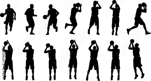 Silhouetted basketball player in dynamic poses, dribbling and shooting motion, sports technique illustration, athletic movement, game action, training concept