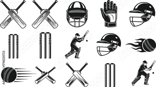 Cricket equipment and action icon set with bats, balls, stumps, and poses, vector for sports design, motion, and fan themes