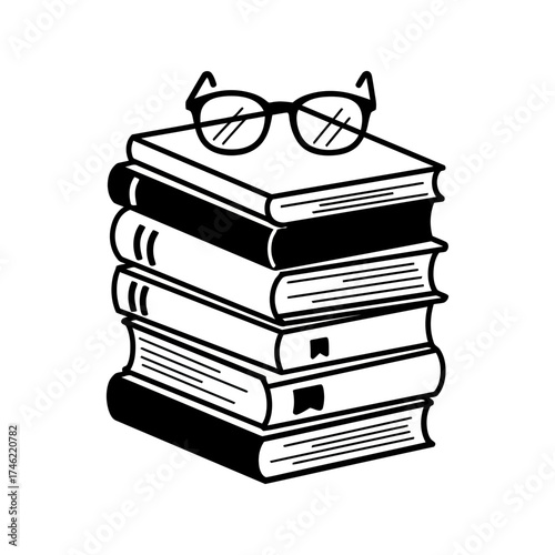 A stack of five books with a pair of glasses resting on top, depicted in a simple black and white line drawing style.