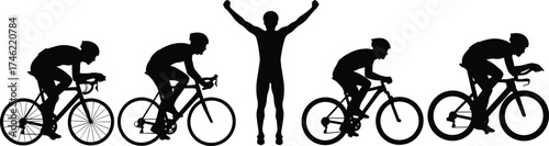 Cycling race silhouettes with winner celebrating victory, road bike athletes in motion, competitive sports vector for fitness and achievement themes
