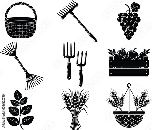 Farming and harvest silhouette vector set with tools, baskets, grapes, wheat, leaves, and crate for agriculture and nature design use