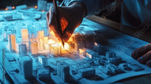 Architect' Hand Drawing a Luminous Future City Blueprint with Glowing Buildings