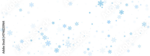 Snow background. Light frozen flake ornament with blue crystals. Cold star decor on white sky. Seasonal frosty pattern for holiday banner. Vector illustration.