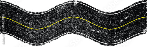 Grunge textured curved road . Snow on the road. Retro design element .Distress vector texture . Winding asphalt road to the horizon.