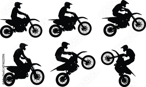 Motocross dirt bike silhouettes with riders performing stunts, extreme sport vector for action, speed, thrill, and outdoor adventure themes