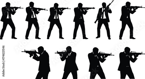 Silhouette vector set of suited agents aiming rifles in tactical stances for espionage, combat, law enforcement, and action design use