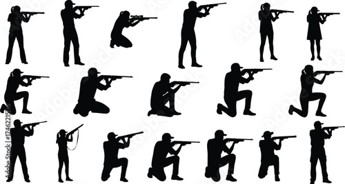 Shooting stance silhouette vector set featuring rifle handling in standing, kneeling, prone positions for military, training, and tactical use