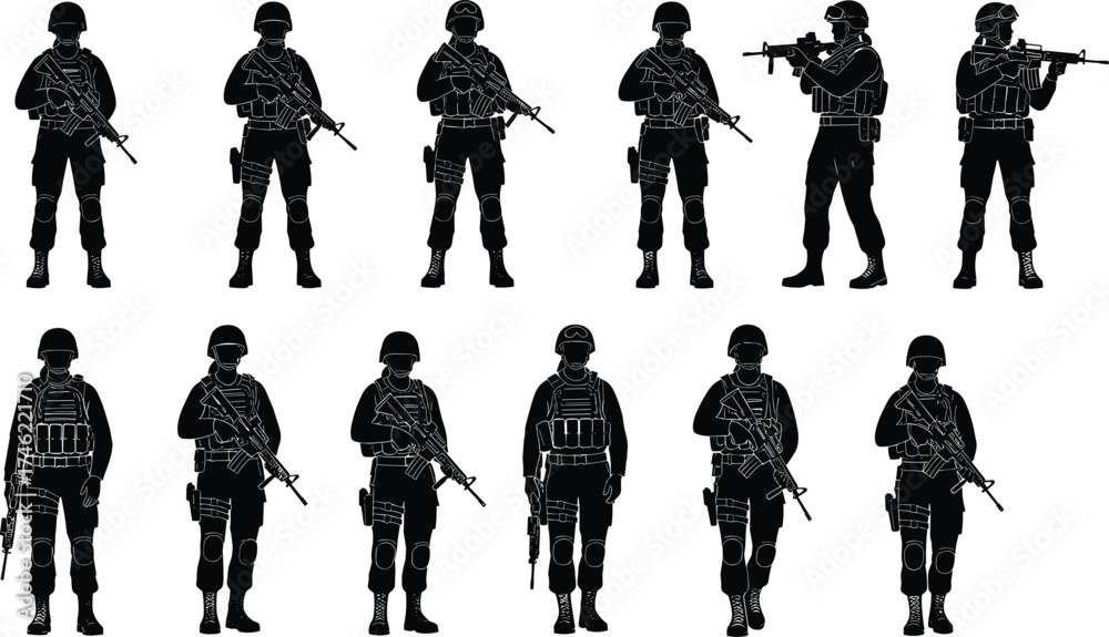 Φωτογραφία soldier, rifle, silhouette, vector, military, combat, gear, weapon, tactical, de