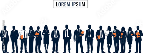 Silhouetted business professionals standing in line, formal attire, teamwork concept, corporate unity, leadership, diversity, modern office culture, professional collaboration, success