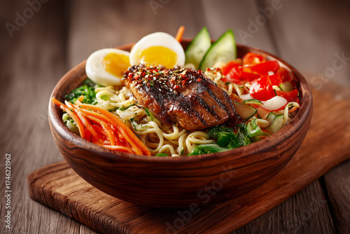 Savory ramen bowl bursting with grilled salmon, perfectly cooked noodles, vibrant vegetables, and a soft boiled egg, ready to be devoured for a delicious meal.