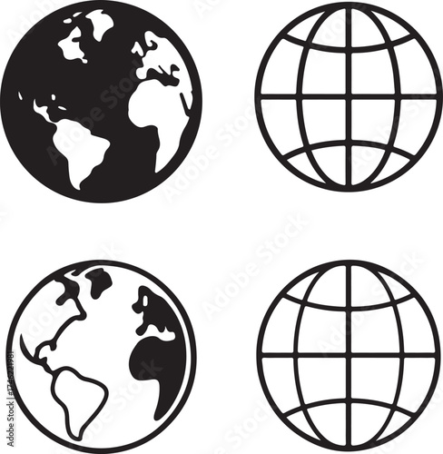 Globe icon set, globe world symbol, globe earth icon, black vector global, travel, international, communication, environment, network, geography, world map, connection, planet, global link, worldwide
