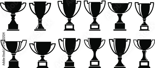 Trophy silhouette collection with diverse award designs, vector icons for sports victory, achievement recognition, competition, and celebration themes