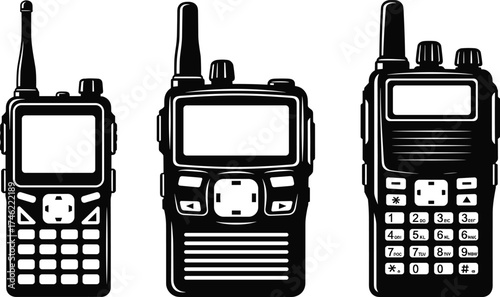 Two-way radio and walkie-talkie silhouettes with varied designs, vector icons for communication, security, emergency, and technology device themes