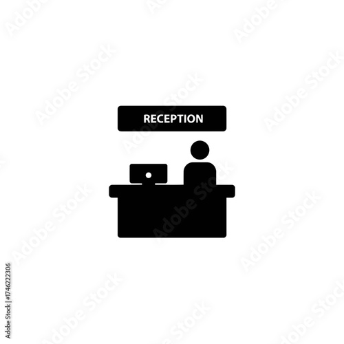 Illustration of a reception desk with a computer and person under a reception sign in black and white on transparent background
