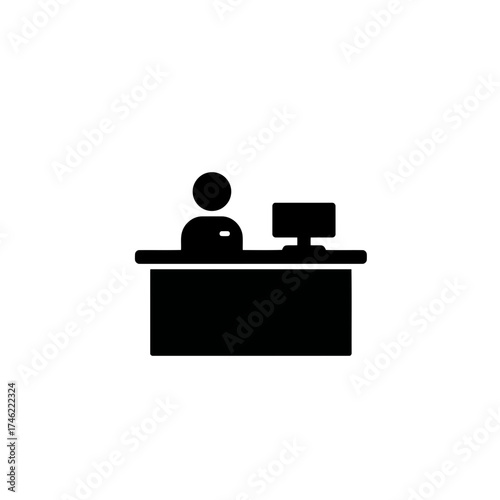 Illustration of a person sitting at a desk with a computer monitor in a simple black and white style on transparent background