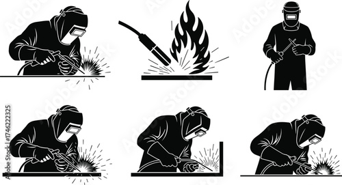 Welding silhouette vector set with workers, sparks, tools, and protective gear for industrial, labor, safety, and manufacturing design use