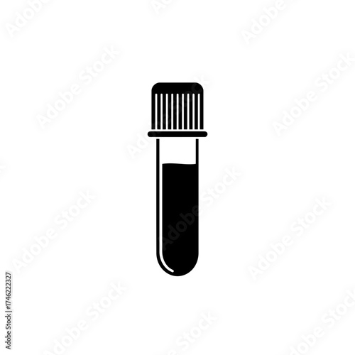 A black and white illustration of a test tube with a black liquid and a black cap on a white background on transparent background