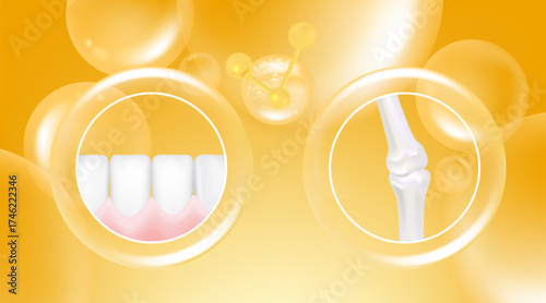 Hyaluronic acid teeth and gum, bone and joint solutions ad, gold collagen with cosmetic advertising background ready to use, illustration vector.	