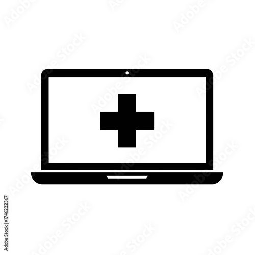 Black and white laptop displaying a plus sign on screen for medical or healthcare related applications online on transparent background