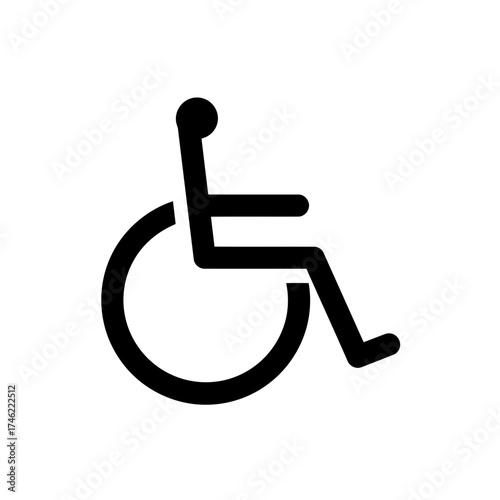 A simple black and white graphic depicting the international symbol for wheelchair accessibility signage on transparent background