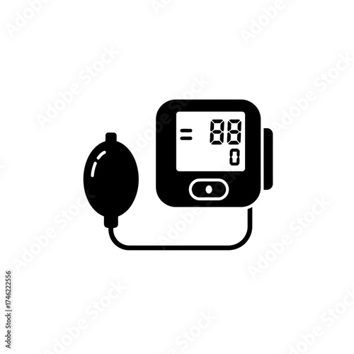 Illustration of a digital blood pressure monitor with an inflatable bulb connected by a tube shown on transparent background
