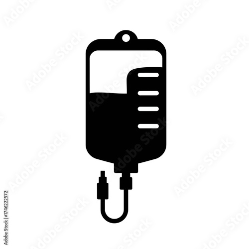 Illustration of a filled intravenous fluid bag with attached tubing and visible fluid level markings on transparent background