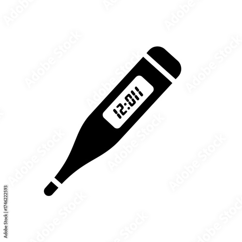 Illustration of a digital thermometer displaying the time twelve oh one in black and white simple style on transparent background