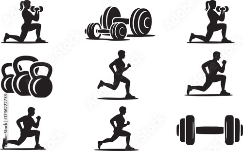 Exercise and strength training icon set for gym branding and fitness marketing