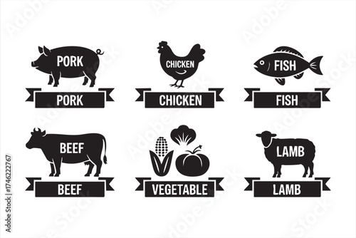 Farm-to-table vector icons featuring meat and vegetable products for eco design