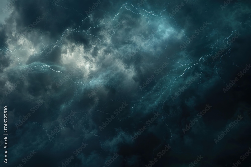 Fototapeta premium Lightning bolts striking through dramatic dark clouds, creating a powerful and ominous atmosphere in the night sky