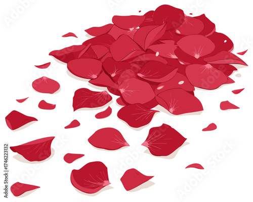 A pile of vibrant red rose petals scattered on a white background, some individual petals lying around the main heap.
