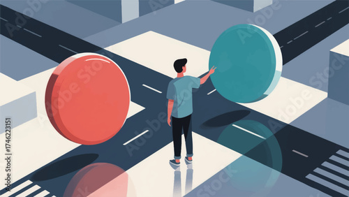 Illustration Of Person Standing At A Crossroads Choosing Between Two Giant Floating Buttons Vector Design Template