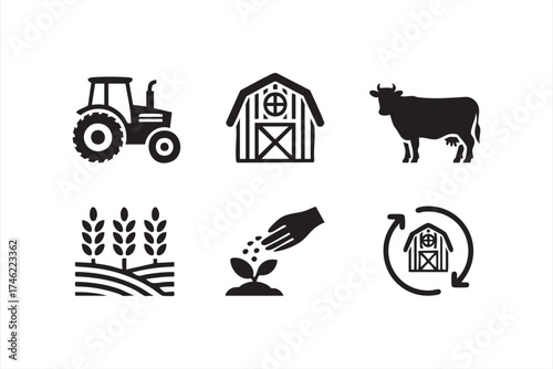 Agriculture and farm vector icon set — tractor, barn, and cow for eco design