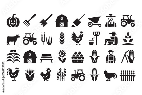 Farm equipment and livestock icons for agriculture and organic food branding