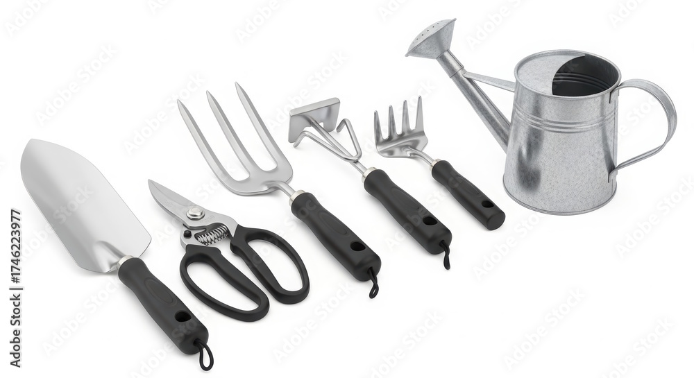Fototapeta premium Gardening tools including trowel, fork, pruners, rake, and watering can arranged neatly on a white background, showcasing essential equipment for gardening enthusiasts