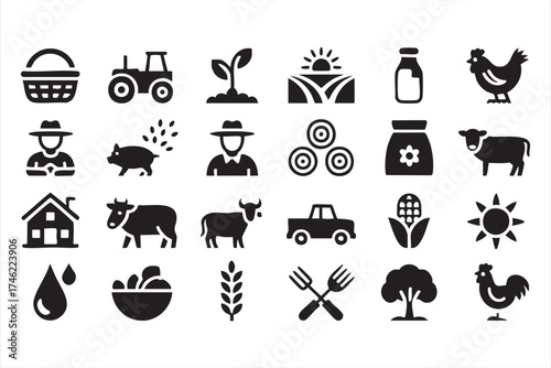 Agriculture and farm vector icons — animals, tractor, and food symbols for eco design