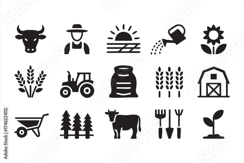 Agricultural industry icon set for harvest, livestock, and crop management design