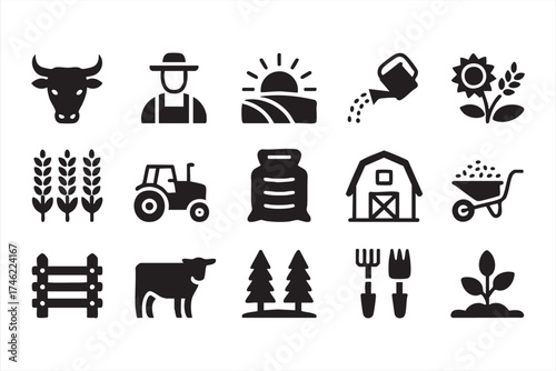 Farm and organic food icons — black vector illustrations for eco-friendly branding